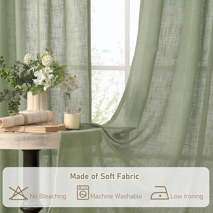 LAMIT Sage Green Linen Curtains for Living Room 84 inch Length 2 Panels, Light Filtering Semi Sheer Drapes Back Tab and Rod Pocket Neutral Panels for Bedroom/Sliding Glass Door, 52 x 84 Inch