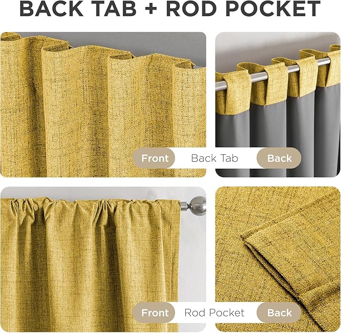 Joydeco Linen Blackout Curtains for Bedroom - 100% Light Blocking 1 Panels, Yellow Drapes 100" W x 90" L, Thermal Insulated Room Darkening Curtains for Living Room, Rod Pocket & Back Tabs