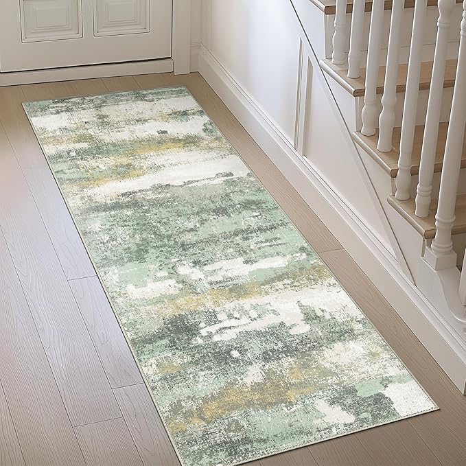 BEIMO Runner Rug for Hallway Kitchen, 2x8 Machine Washable Runners Rug for Entryway, Light Green Soft Modern Abstract Throw Rugs, Low Pile Floor Carpet with Non Slip Backing