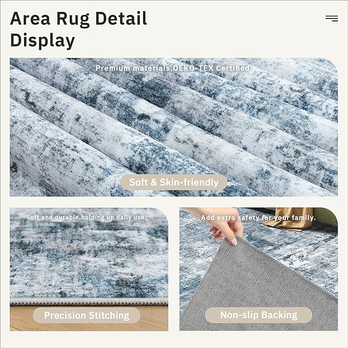 Abstract Rug 5x7 Machine Washable Area Indoor Blue Low Pile Non-Slip Foldable Thin Accent Rugs for Bedroom Living Room Dining Room