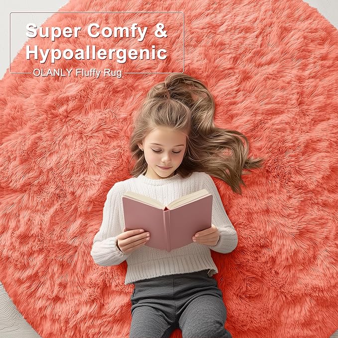 OLANLY Coral Red Round Rugs for Bedroom - Machine Washable, 4 ft Circle Area Rugs for Living Room, Soft and Fluffy Shaggy Carpet for Teen Girl and Boys, Nursery Rooms, Dorms, Home Decor Aesthetic