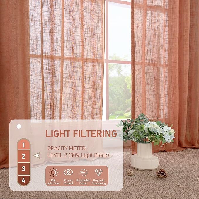 LAMIT Linen Curtains for Living Room 120 Inches Long, Back Tab and Rod Pocket Semi Sheer Panels Light Filtering Farmhouse Drapes for Bedroom/Dining Room, Terracotta, Set of 2, 52 x 120 Inch