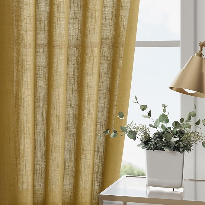 Nanspring Gold Linen Curtains 72 Inch Length for Living Room Semi Sheer Light Filtering Door Drapes 2 Panels Set for Kids Bedroom Light Filtering Back Tab Rod Pocket Modern Farmhouse Decor 52x72