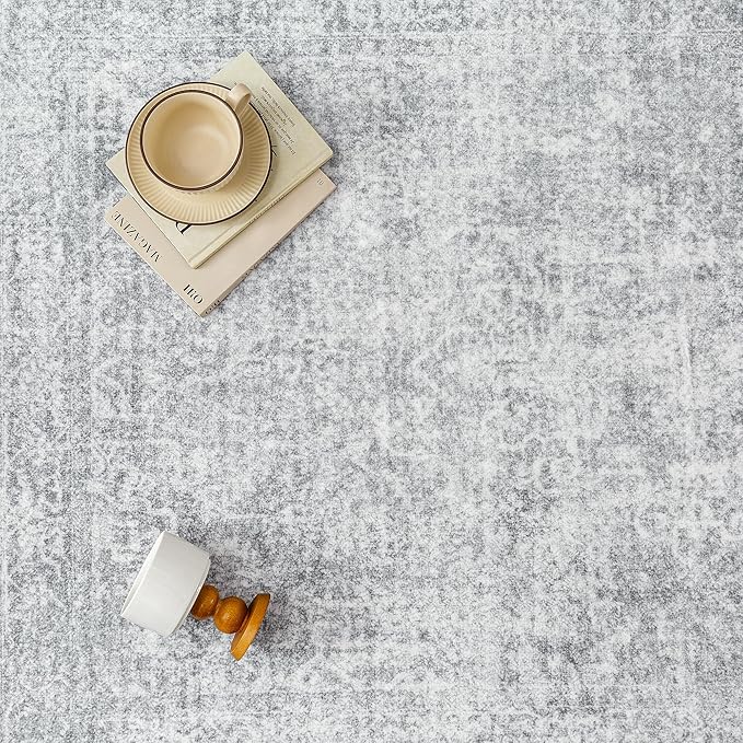 2x3 Entryway Area Rug Vintage Washable Small Carpet Indoor Non Slip Grey Kitchen Entrance Mat Low Pile Retro Accent Distressed Throw Rug for Bathroom Bedroom Dining Living Room