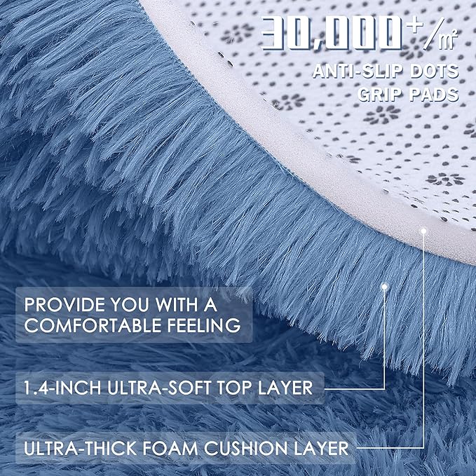 OLANLY Blue Round Rugs for Bedroom - Machine Washable, 6 ft Circle Area Rugs for Living Room, Soft and Fluffy Shaggy Carpet for Teen Girl and Boys, Nursery Rooms, Dorms, Home Decor Aesthetic