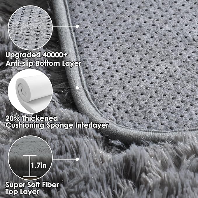 ONASAR Grey Area Rugs for Bedroom Living Room, Fluffy Fuzzy Shag Shaggy 4x6 Bedside Rug, Gray Soft Plush Indoor Floor Carpet for Nursery Kids Girls Boys Teen Dorm Home Office Decor Aesthetic