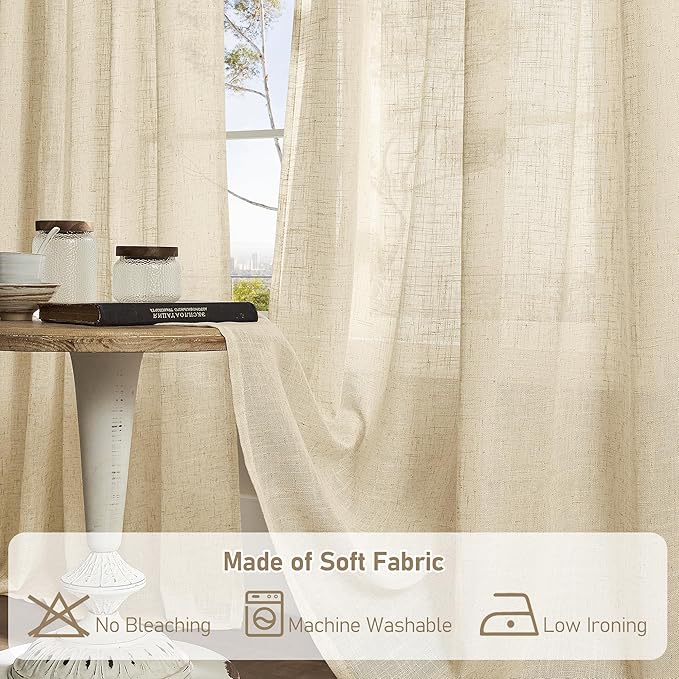 LAMIT Natural Linen Curtains for Living Room, 80 inch Length Light Filtering Semi Sheer Drapes Back Tab and Rod Pocket Farmhouse Panels for Bedroom, 2 Panels, Linen, 34 x 80 Inch