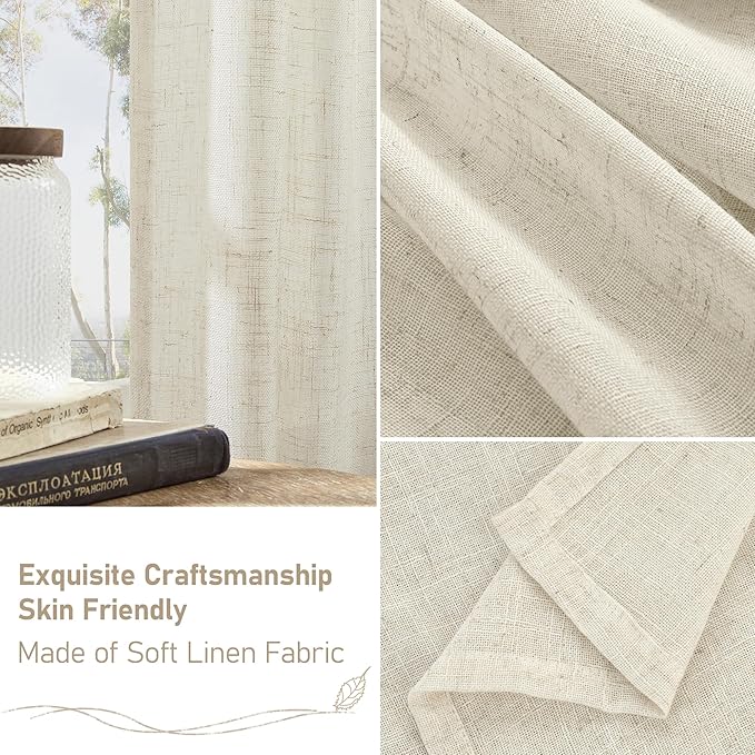 LAMIT Natural Linen Semi Sheer Curtains 78 Inch for Bedroom, Light Filtering Neutral Window Curtains Farmhouse Boho Back Tab and Rod Pocket Panels, Natural Cream Ivory, 2 Panels, 52 x 78 Inch
