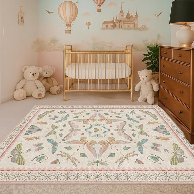 Hazo Haus Neutral Girl Nursery Rug 4x6 - Beige & Pink Rugs for Bedroom, Living Room - Washable Low Pile Non-Slip Charming Insect Print Vintage Girly Design, Perfect for Kids Rooms