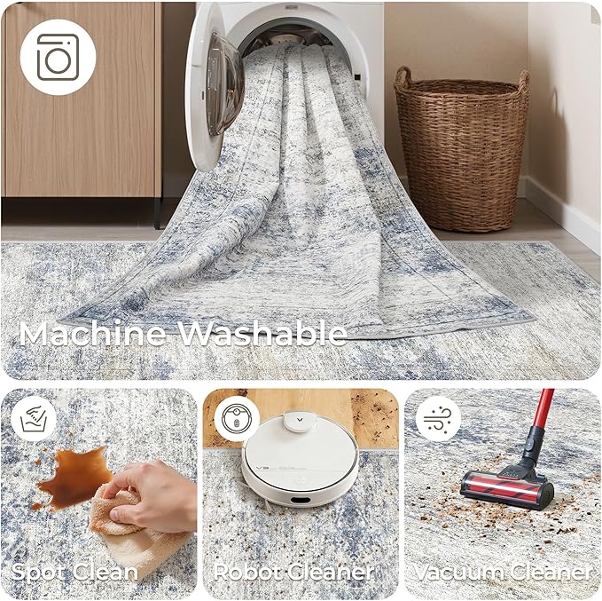 2x3 Washable Rug Runner for Bathroom, Soft Entryway Rug for Laundry Room, Kitchen, Vintage Abstract Hallway Runner for Bedroom, Anti-Slip Door Mat Indoor Entrance(2'x3', Blue/Brown/Ivory)