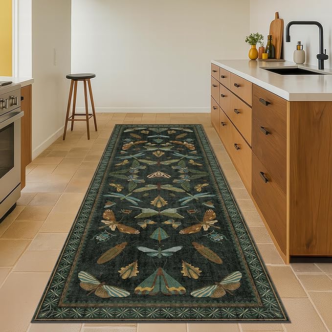 Dark Green 2'6"x10' Long Runner Rugs for Hallway - Boho Wide Washable Non Slip Indoor Entryway Rug, Low Pile Vintage Design - Stain Resistant Carpet