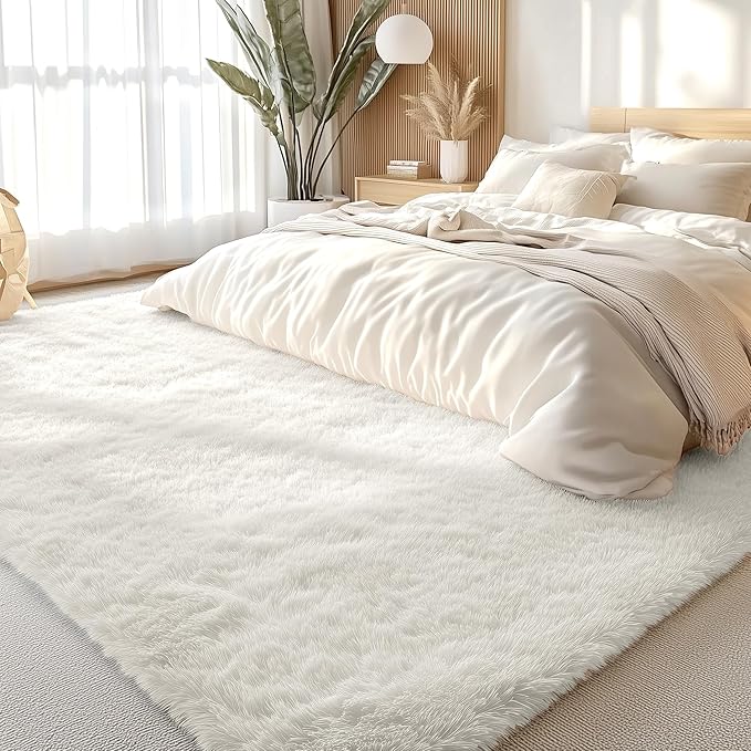 OLANLY 5x12 Machine Washable Large Area Rugs for Living Room, Bedroom, Soft Fluffy Shaggy Bedside Rug, Indoor Floor Carpet for Kids Girls and Boys, Dorms, Nursery, Home Decor Aesthetic, Ivory