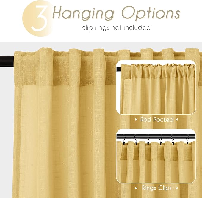 Gold Curtains for Living Room Back Tab Modern Farmhouse Semi Sheer Curtains 84 inches Long 2 Panels Set Muted Neutral Window Curtain for Dining Room Bedroom 52x84