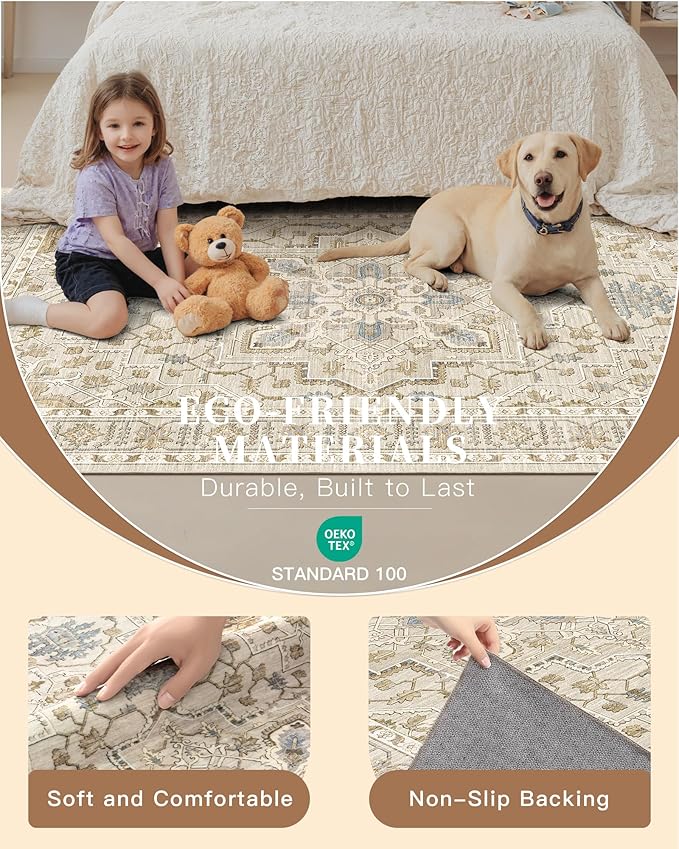 Madane Runner Rug 2x8, Washable Hallway Runner Rugs, Non-Slip Low-Pile Soft Kitchen Rug Runner Laundry Room Rug, Vintage Throw Entry Foyer Mat for Entrance Living Room (Beige/Blue, 2 x 8)
