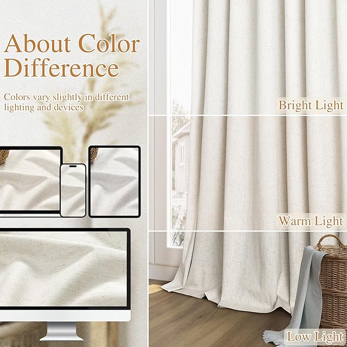Guken Cream 100% Blackout Linen Curtains 38 Inch Wide by 84 Inch for Living Room Bedroom Back Tab/Rod Pocket Thermal Insulated Black Out Drapes Room Darkening Farmhouse Window Curtains