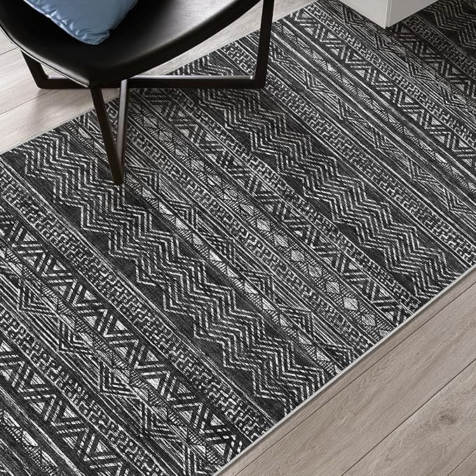 3x4 Washable Entryway Area Rug: Moroccan Small Runner Rug for Hallway Soft Modern Non Slip Door Mat with Rubber Backing Low Pile Thin Floor Carpet for Kitchen Bathroom Bedroom Indoor 3x4 Black