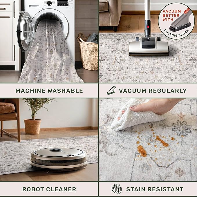 Light Grey Boho Bathroom Rug 2x4 - Modern Vintage Eclectic Floral Pastel Neutral Taupe, Washable Low Pile Non-Slip Small Throw Area Rugs for Entryway Door Mat Indoor Entrance, Kitchen