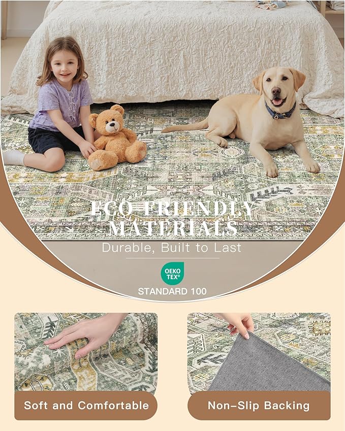 Madane Washable Area Rug 2x3, Small Entryway Rug Non-Slip Vintage Door Mat Indoor Entrance, Low Pile Floor Carpet for Inside Front Door Bedroom Kitchen Entry Laundry (2'x3', Green/Gold)