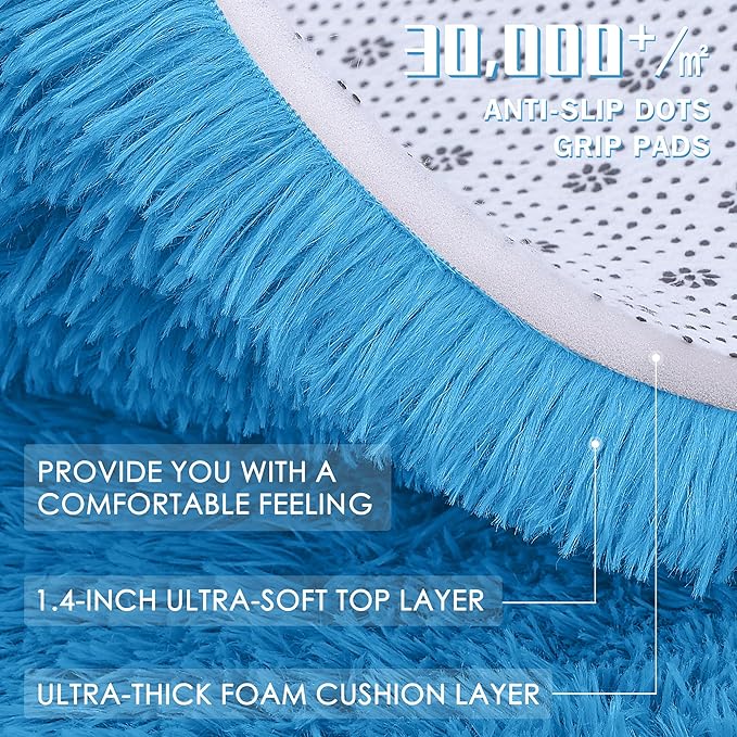 OLANLY Bright Blue Round Rugs for Bedroom - Machine Washable, 7 ft Circle Area Rugs for Living Room, Soft and Fluffy Shaggy Carpet for Teen Girl and Boys, Nursery Rooms, Dorms, Home Decor Aesthetic