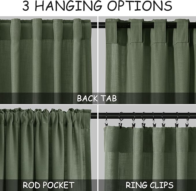 Nanspring Olive Green Linen Sheer Curtains 84 Inch Length 2 Panels for Living Room Bathroom Set Back Tab Rod Pocket Semi Sheer Light Filtering Breathability Farmhosue Country Style 60x84