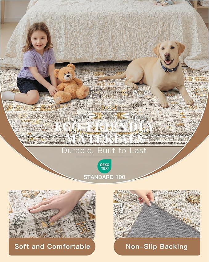 Madane Hallway Runner 3x14 - Runner Rugs 14ft Washable Entryway 14ft Rug Ruuner Vintage Kitchen Runners Non Slip Indoor Area Rug Farmhouse Carpet Runner for Bathroom Living Room Bedroom, Brown/Gold