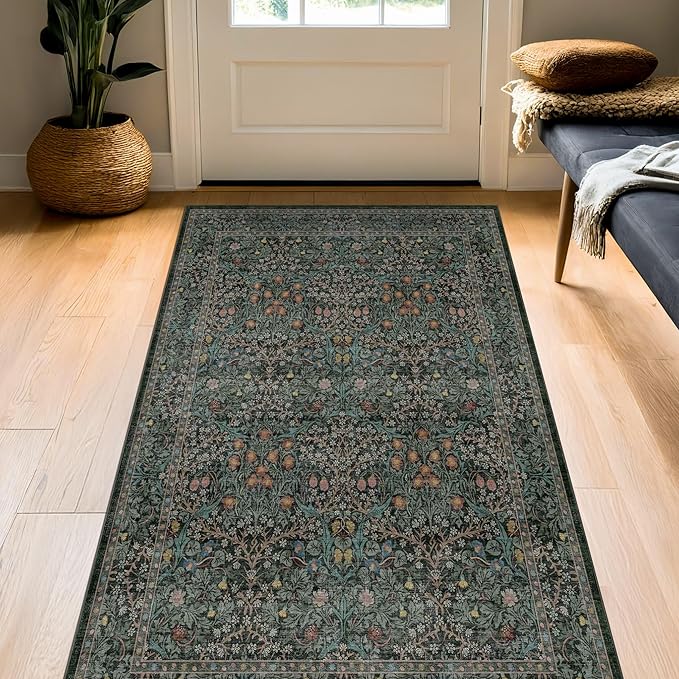 Dark Green Washable 3x6 Large Entryway Runner Rug Indoor, Non-Slip Floor Rugs for Kitchen, Bedroom, Bathroom Beside Bed, Stain & Fade Resistant, Vintage Floral Design