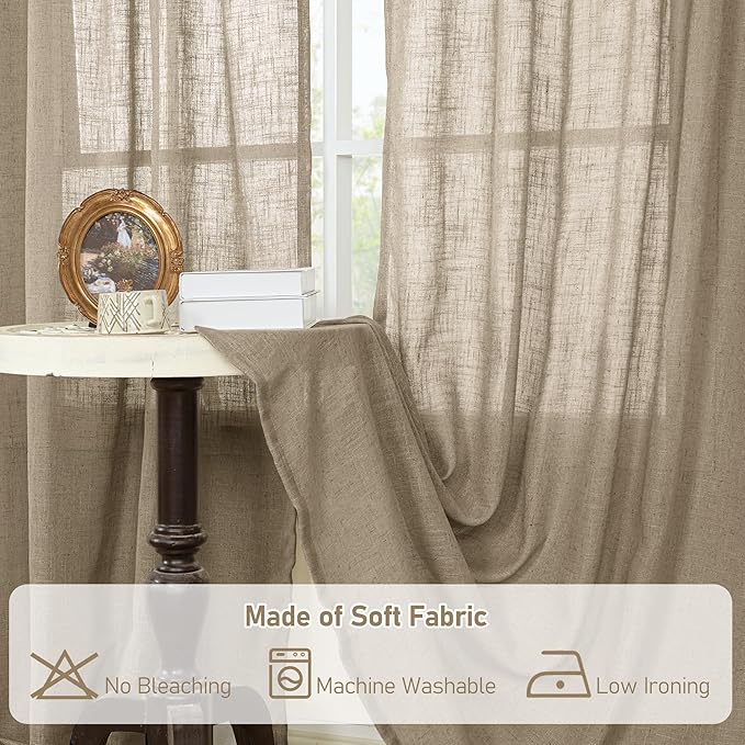 LAMIT 36 Inch Length Linen Curtains for Small Windows, Semi Sheer Light Filtering Panels Back Tab and Rod Pocket Country Decor Drapes for Basement/Kitchen, Taupe, 2 Panels, 34 x 36 Inch