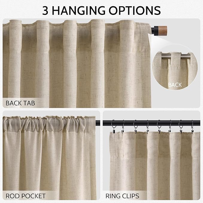 Nanspring Taupe Burlywood Curtains 63 Inch Length for Living Room Linen Semi Sheer Country Farmhouse Decor Curtains Back Tab Privacy Light Filtering Semi Sheer Curtain for Bedroom 52x63, 2 Panels