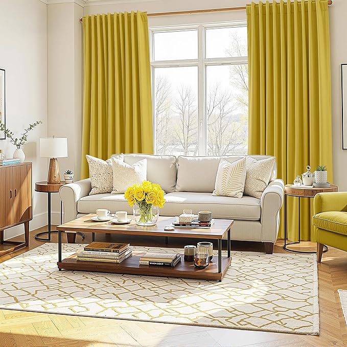Guken 100% Blackout Curtains 96 Inch Length 2 Panels Set for Living Room Bedroom Back Tab Thermal Insulated Black Out Linen Drapes Room Darkening Celery Yellow,52x96