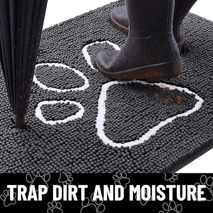 Smiry Dog Door Mat for Muddy Paws, Absorbent Dirt Trapper Non Slip Quick Dry Washable Chenille Mat for Mud Dogs, Entry Rug for Indoor and Outdoor (54x24 Inches, Dark Grey and White)