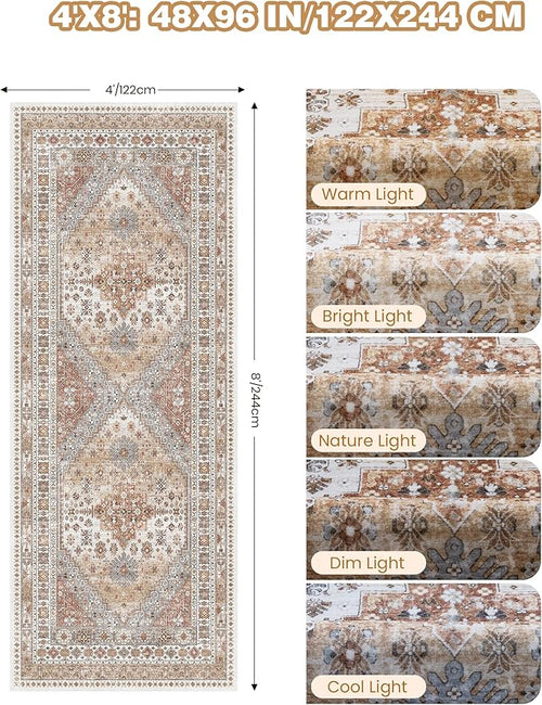 4x8 Rug for Bedroom,Wide Runner Rug for Hallway, Non Slip Washable Runner Rug for Living Room, Low Pile Soft Entryway Kitchen Rug, Vintage Home Decor Mat for Dining Room(Orange,4'x8')