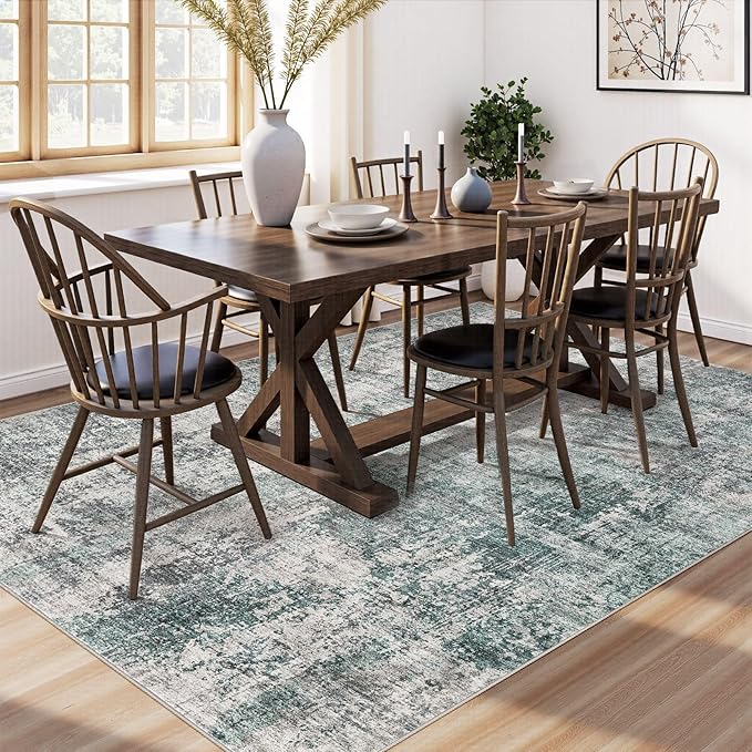 UERMEI 8x10 Area Rug Living Room Rugs - Washable Neutral Modern Abstract Soft Thin Large Rug Indoor Floor No Slip Rug Carpet for Bedroom Under Dining Table Home Office Decor - Green/Grey