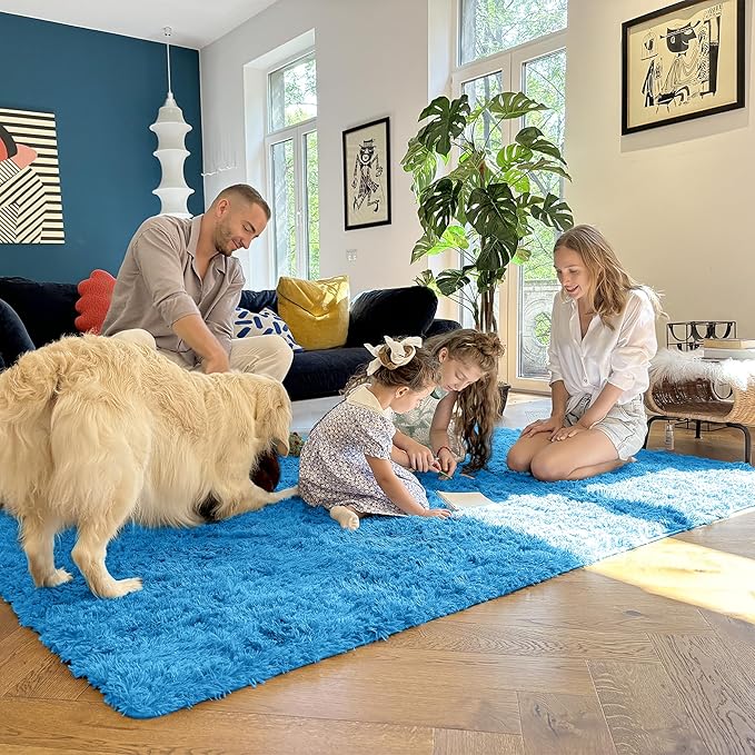 OLANLY 3x5 Machine Washable Small Bedside Rug, Soft Fluffy Shaggy Rugs for Living Room, Bedroom, Indoor Floor Carpet for Kids Girls and Boys, Preppy Dorms, Nursery, Home Decor Aesthetic, Bright Blue