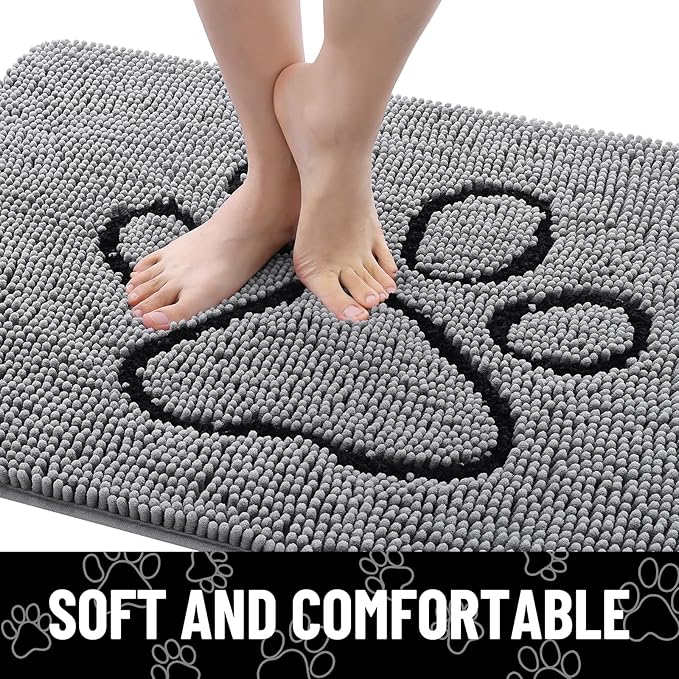 Smiry Dog Door Mat for Muddy Paws, Absorbent Dirt Trapper Non Slip Quick Dry Washable Chenille Mat for Mud Dogs, Entry Rug for Indoor and Outdoor (71x46 Inches, Grey and Black)