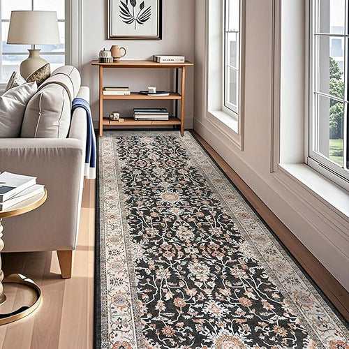 4x12 ft Wide Hallway Rug: Non-Slip Washable Vintage Long Carpet Runner for Kitchen Entryway Water Resistant Low-Pile Thin Floor Mat for Bedroom Living Room Dining Room Black Home Decor (Black, 4X12)