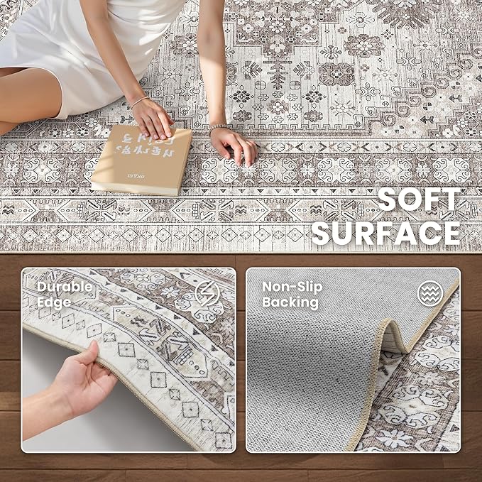 zesthome 9x12 Area Rugs,Stain Resistant Washable Rug,Ultra-Thin Rugs for Living Room,Bedroom,Non-Slip Backing Home Decor Large Area Rug (Brown/Beige,9'x12')
