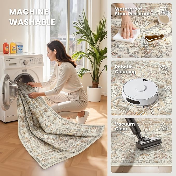 zesthome 8x10 Area Rugs - Stain Resistant Washable Rug for Living Room, Non-Slip Backing Large Area Rug with Ultra-Thin Low Pile for Bedroom, Vintage Home Decor