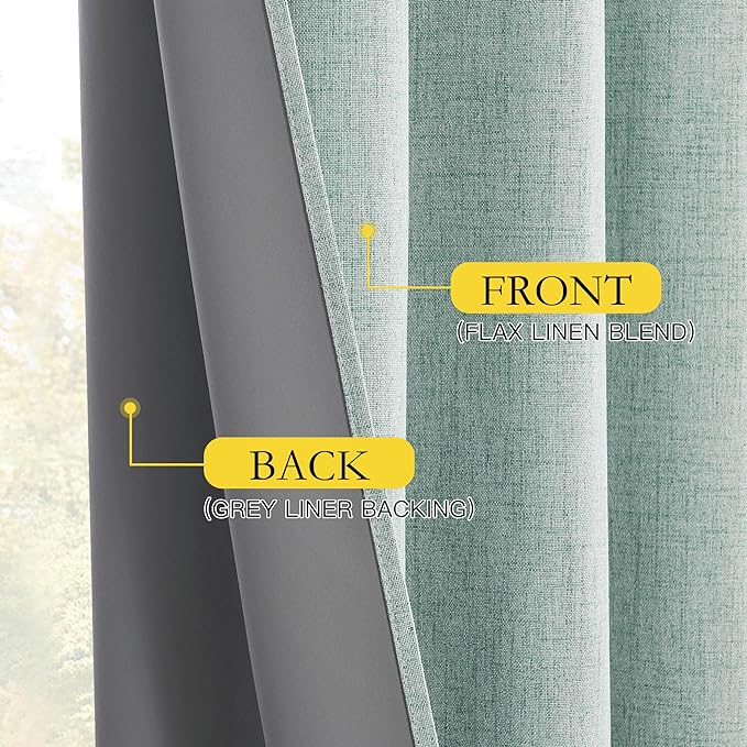 NICETOWN 100% Absolutely Blackout Linen Curtains with Thermal Insulated White Liner, Seafoam Green, 52" Wide, 120" Length Energy Saving Curtains for Living Room 2 Panels Set, Vertical Blinds