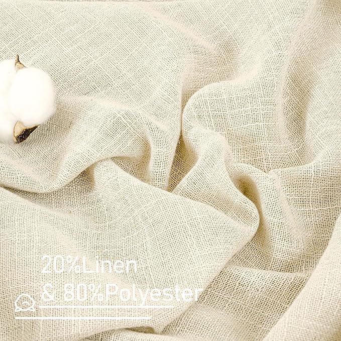 LAMIT Semi Sheer Linen Curtains 54 Inch Length 2 Panels, Beige Light Filtering Panels Back Tab and Rod Pocket Neutral Drapes for Kitchen/Window/Dining Room, 52 x 54 Inch