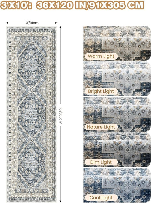 3x10 Runner Rug Non Slip Washable for Entryway, Front Porch, Vintage Hallway Runner for Laundry Room, Bedroom, Stain Resistant Thin Indoor Kitchen Mats for Floor(Blue/Beige,3'x10')