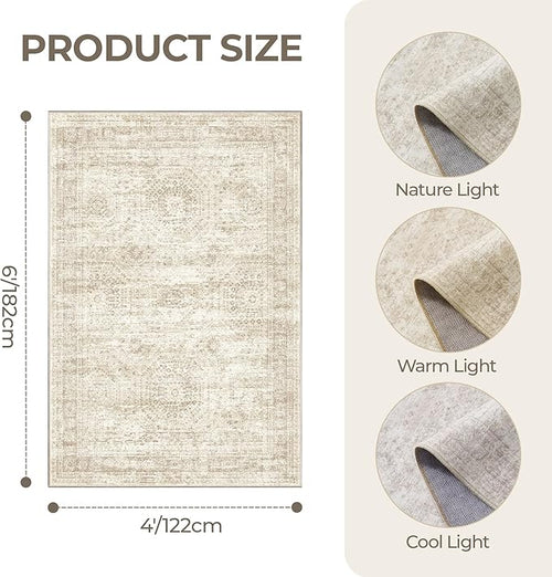 Area Rugs 4x6 for Living Room, Non-Slip Backing Small Kids Rugs for Bedroom, Vintage Abstract Rug Home Decor, Low Pile Soft Washable Rug for Kitchen, Dining Room (4'x6', Beige/Ivory)
