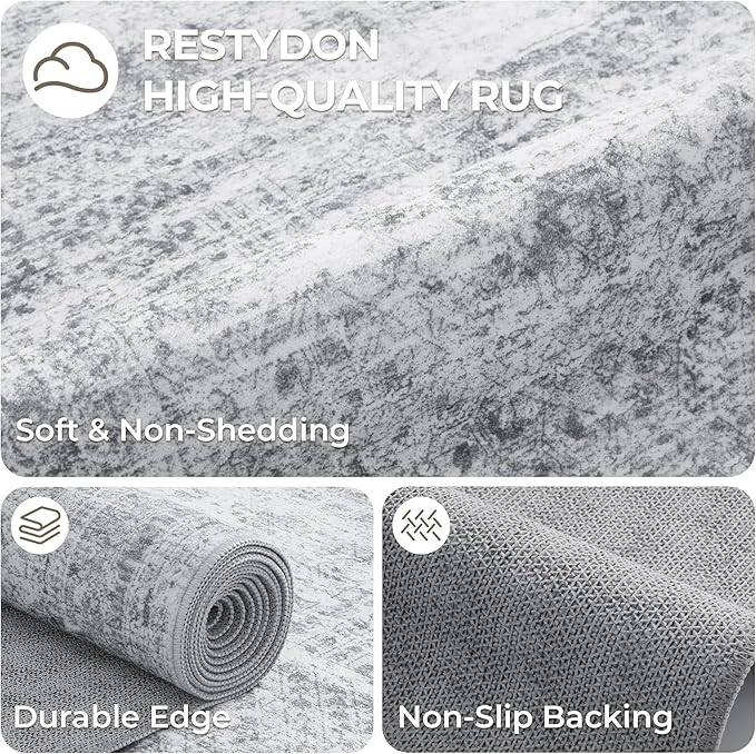 3x12 Runner Rug for Hallway, Non-Slip Long Bathroom Rugs Runner for Kitchen, Bedroom, Soft Vintage Abstract Washable Rug for Entryway, Thin Floor Mat for Dining Room(3'x12', Grey/Ivory)