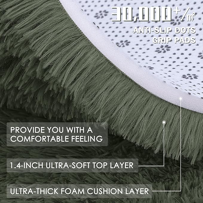 OLANLY Olive Green Round Rugs for Bedroom - Machine Washable, 3 ft Circle Area Rugs for Living Room, Soft and Fluffy Shaggy Carpet for Teen Girl and Boys, Nursery Rooms, Dorms, Home Decor Aesthetic