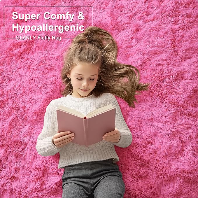 OLANLY 6x9 Machine Washable Large Area Rugs for Living Room, Bedroom, Soft Fluffy Shaggy Bedside Rug, Indoor Floor Carpet for Kids Girls and Boys, Dorms, Nursery, Home Decor Aesthetic, Hot Pink
