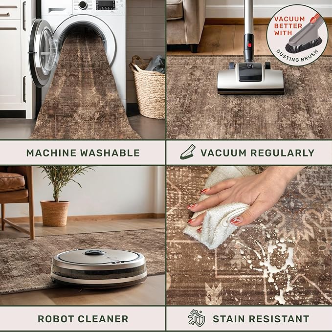 Brown Boho Washable Entry Rug, 3x4 Rugs for Entryway Kitchen Bathroom Door Mat Indoor Entrance, Non Slip Rubber Backing, Stain & Fade Resistant, Earthy Taupe Floral Design