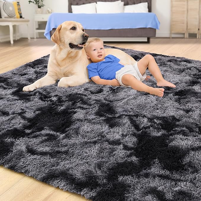 Tepook Soft Fluffy Rugs for Living Room, 5x8 Shaggy Area Rug for Bedroom, Modern Shag Rug Fuzzy Carpets for Kids, Plush Indoor Nursery Home Decor Rug with Non-Slip Bottom, Tie-dye Dark Grey