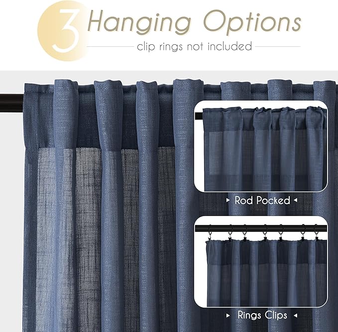 Navy Blue Curtains 90 inch Length for Bedroom Back Tab Light Filtering Semi Sheer Blue Living Room Curtains Linen Cotton Textured Indigo Blue Drapery Panel Modern Aesthetic Decor 42" Wx90 L