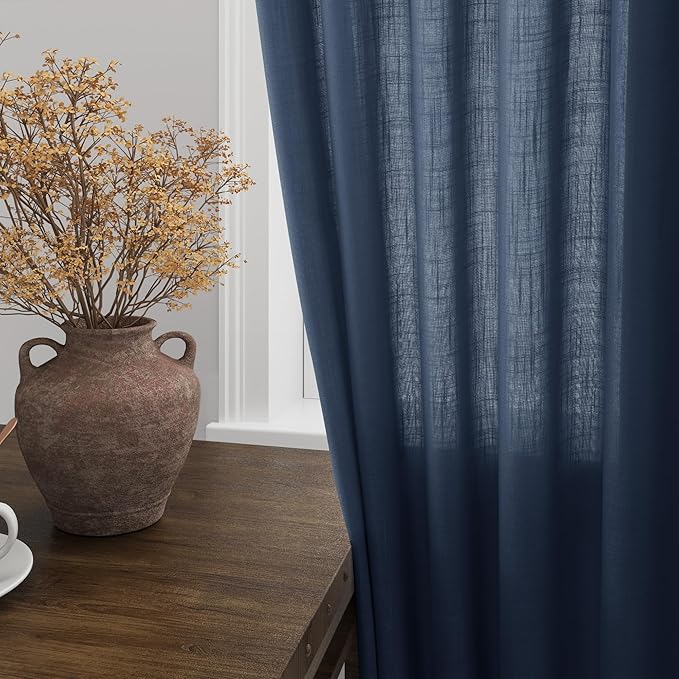 Nanspring Denim Blue Linen Curtains 90 Inch Long 2 Panels Set for Bedroom Living Room Denim Blue Linen Textured Window Drapes Semi Sheer Light Filtering Rod Pocket Back Tab Farmhouse Curtain 52x90