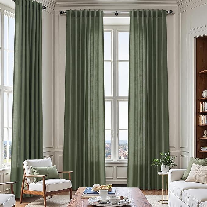 Nanspring 70 Inches Wide Olive Green Linen Curtains for Living Room 2 Panels Set 96 Inch Length Back Tab Light Filtering and Breathability Semi Sheer Curtain for Bedroom 70x96