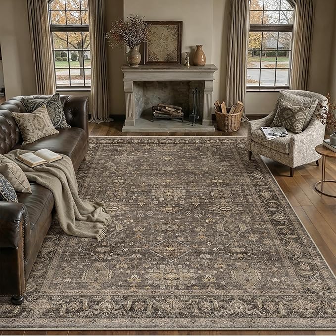 9x12 Washable Area Rug for Living Room Bedroom Vintage Brown Non Slip Carpet Traditional Retro Soft Low Pile Large Throw Rug for Dining Room Kitchen Office Indoor